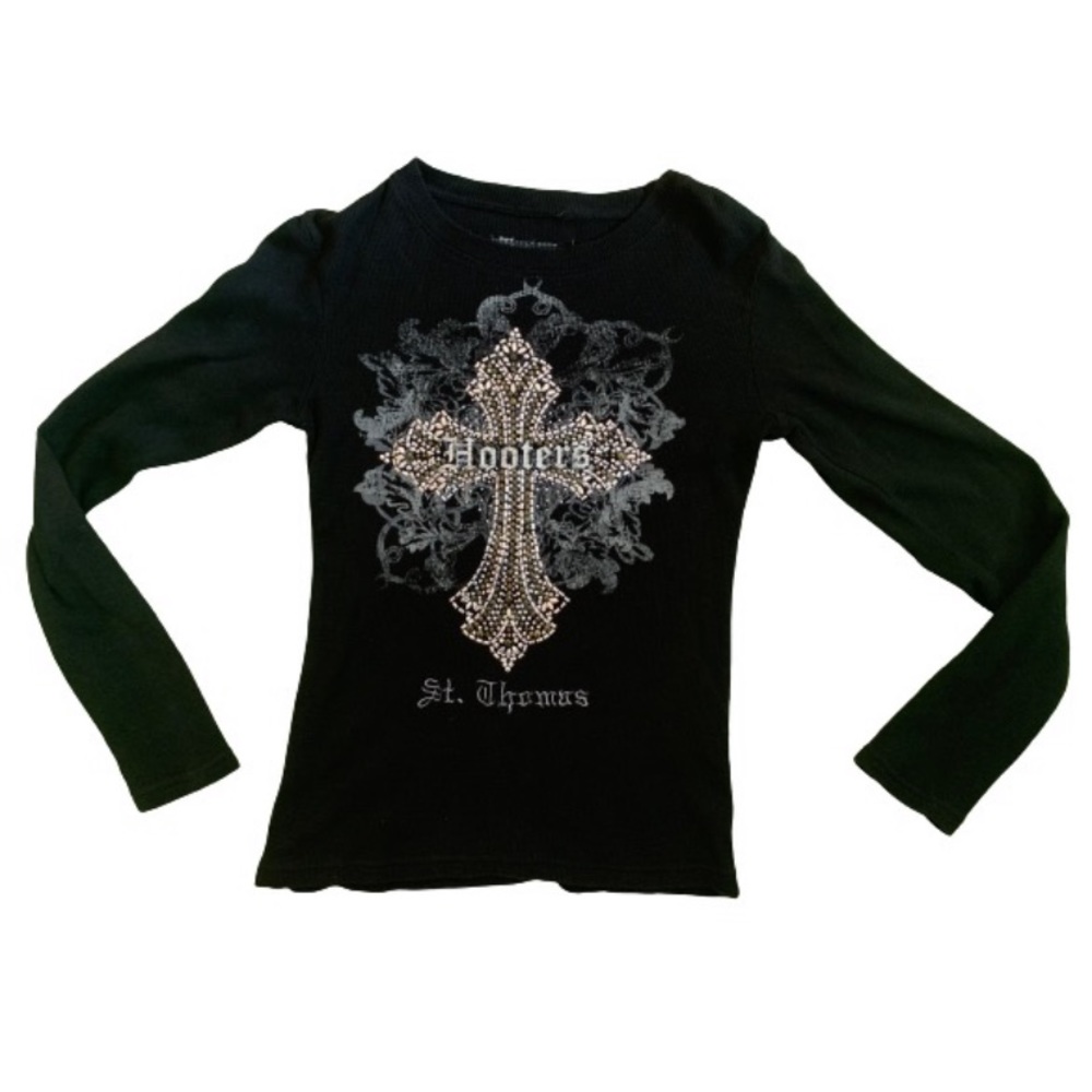 Black Y2K Hooters Sweater Studded cross detailing